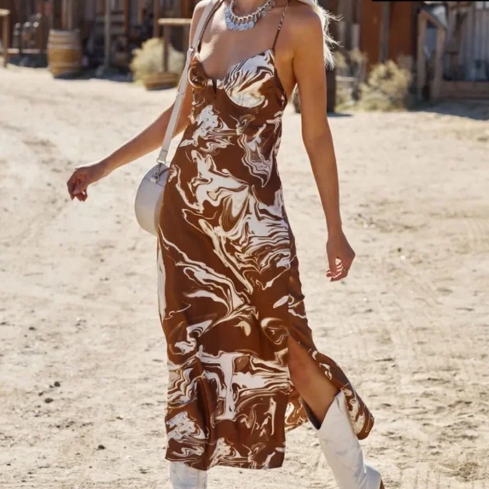 Vici Brown and White Swirl Midi Dress